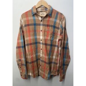 Hollister Y2K Plaid Button Down Flannel Shirt Mens Size Large Orange Blue Brown
